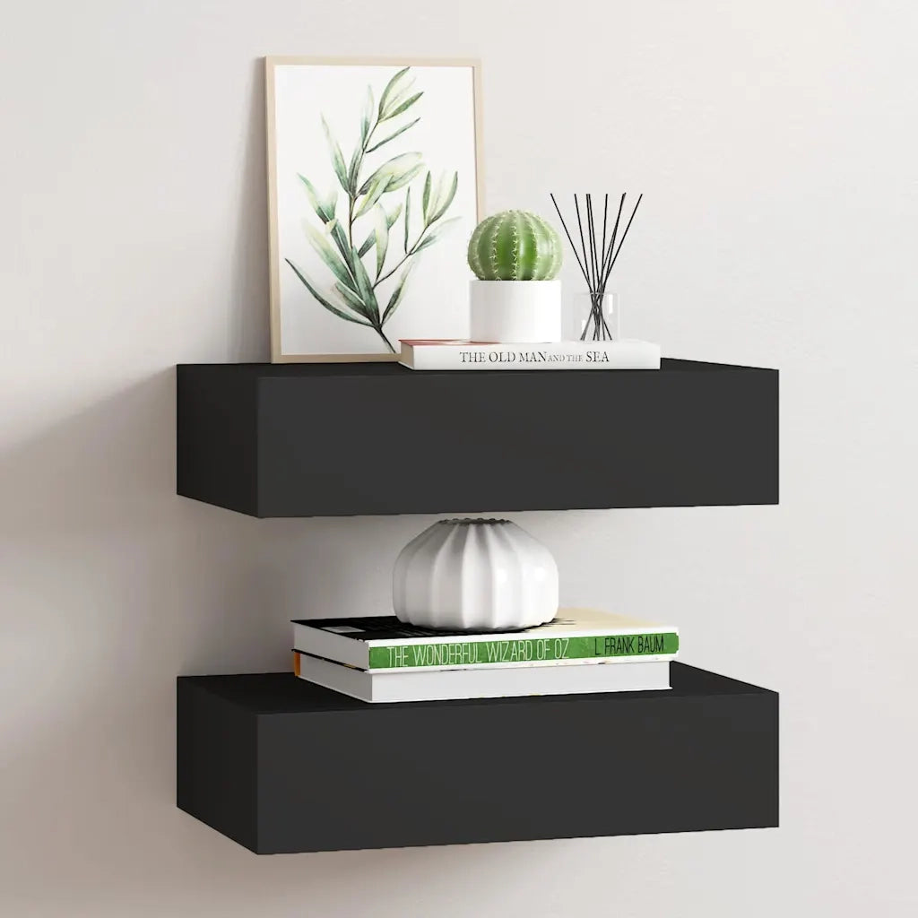 2 pz Scaffali con Cassetti da Parete | Mensola sospesa Neri 40x23,5x10 cm MDF