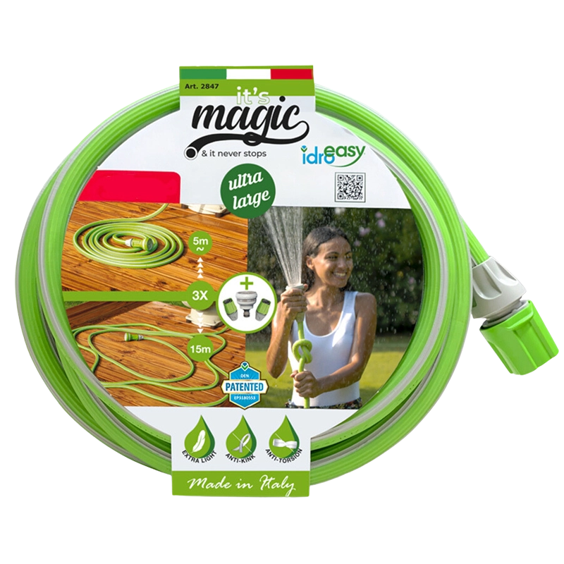 Idroeasy, Tubo Acqua Estensibile da Giardino 15 Metri, Diametro 5/8", Tubo Irrigazione Estendibile x3 Volte, Anti Nodo e Anti Torsione, Atossico, Leggero, Salvaspazio e Riciclabile, Made in Italy