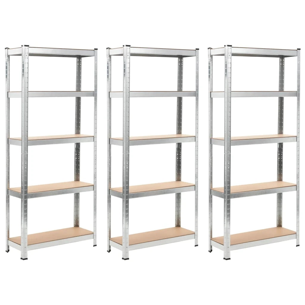 Set di 3 robusti scaffali portaoggetti per attrezzi da officina/garage in acciaio zincato e MDF 172 cm argento 02_0000719