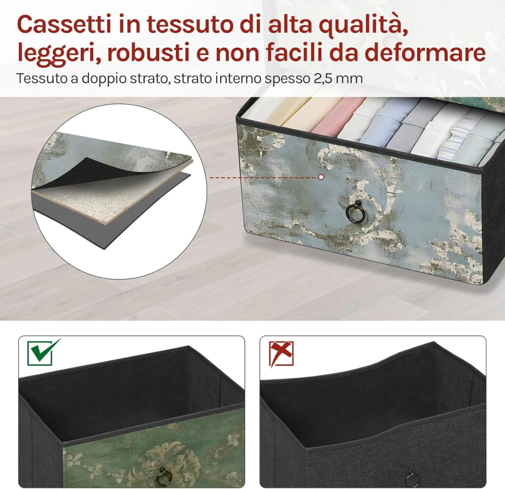 Cassettiera, 4 Cassetti per Camera da Letto/Corridoio/Soggiorno, Marrone Rustico e Nero con Motivo Fiore Retrò, Struttura in Metallo, 45x30x95cm, SSK011pw