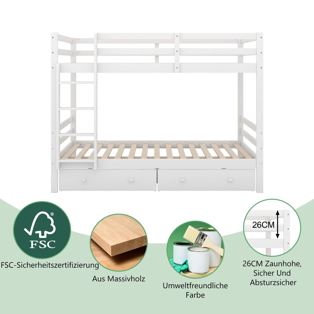 DESMIU Letto a castello 140 × 200 cm 2 posti con contenitore, scala, con materasso, in pino e MDF, bianco