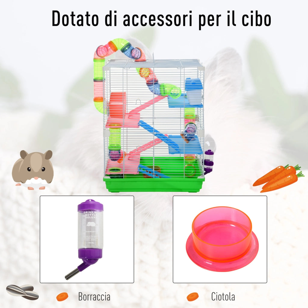EasyComfort Gabbia per Criceti a 5 Livelli con Tubi, Ruota, Scale, Casetta e Bottiglia, Gabbietta per Roditori in Metallo, PP e PS, 46x30x58 cm, Verde