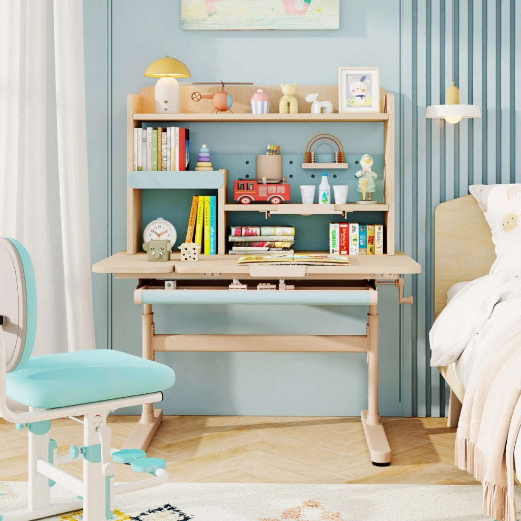 Tavolo da studio regolabile in altezza con piano inclinabile mensole, Scrivania per bambini con libreria e cassetto Blu