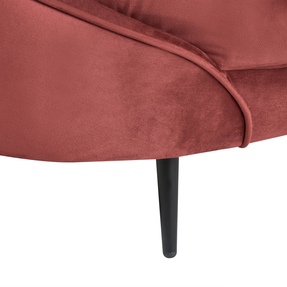 Divano tessuto bouclè rosso glamour curvo in stile retrò a 3 posti con gambe metallo dorato
