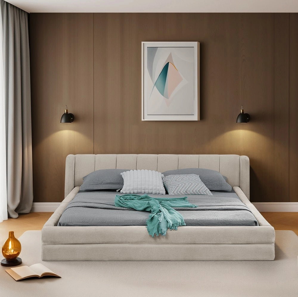 Letto Matrimoniale Imbottito ¨C MINIMAL ¨C Tessuto Chenille, Beige, 140x200