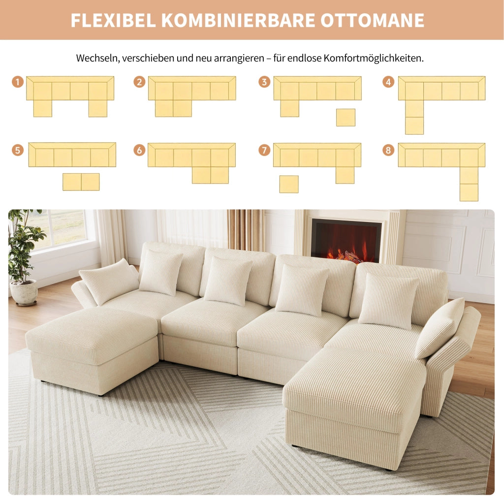 DIVANO angolare modulare 290x159,5x89 cm in corduroy beige 4-6 posti