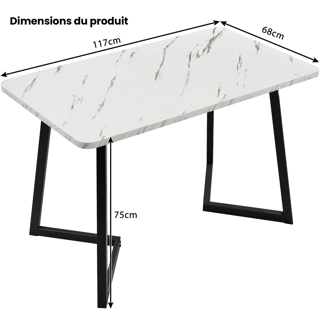 Tavolo da pranzo con piano effetto marmo e gambe in ferro nere, per soggiorno, in MDF, bianco e nero, 117 × 68 × 75 cm