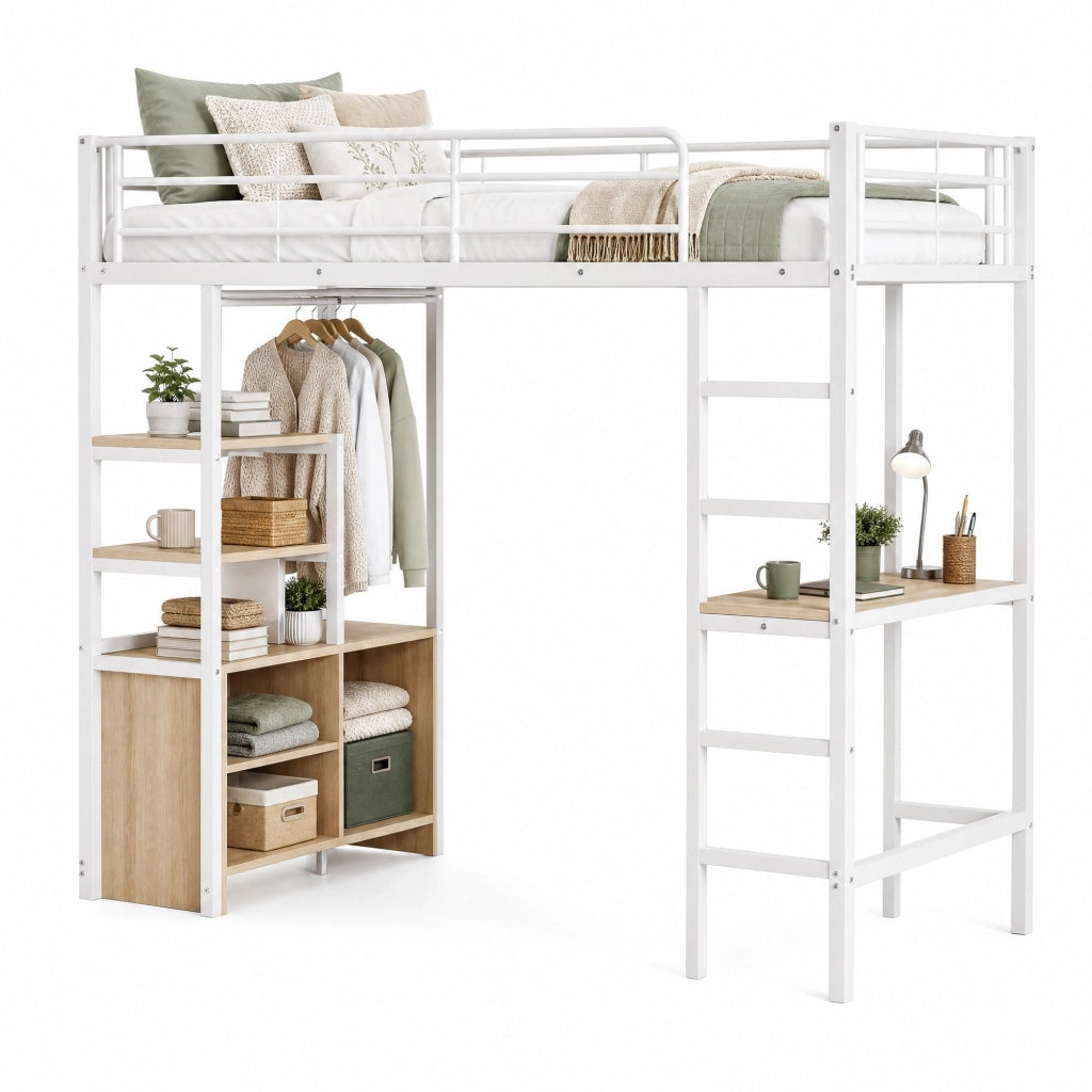 Letto a soppalco 90x200 cm con scrivania, ripiani e presa USB, bianco