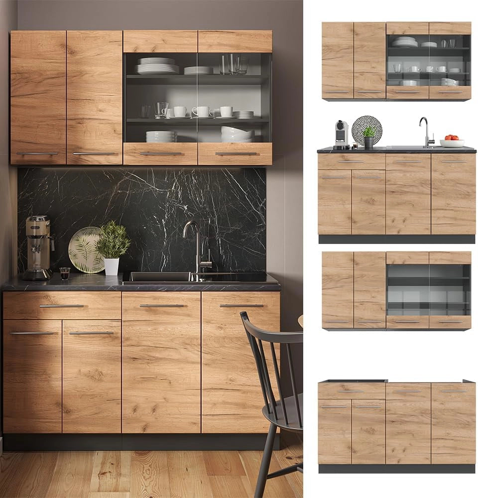 Cucina completa Fame-Line, Quercia dorata/antracite, 140 cm, PL Rovere, adatto per la combinazione individuale con altri moduli