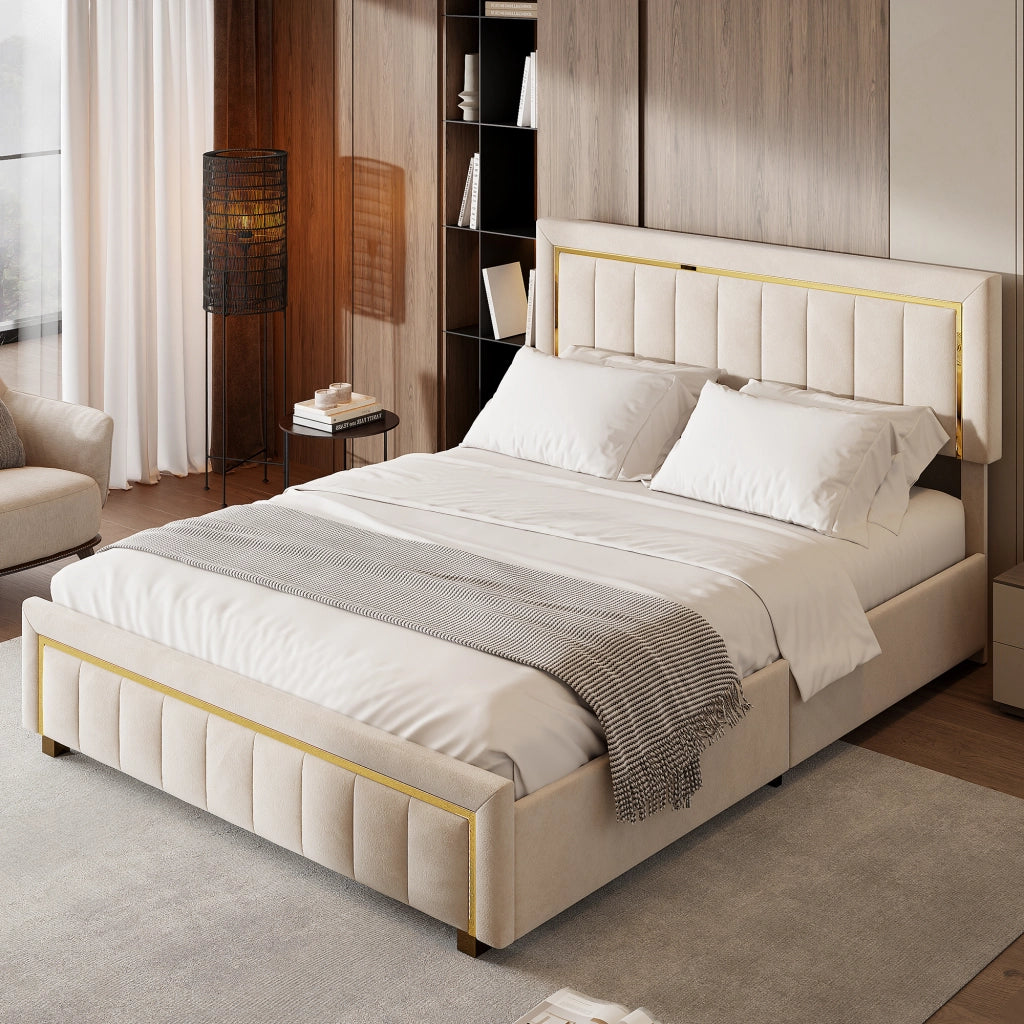 Letto matrimoniale con contenitore idraulico 140x200cm, velluto beige, dettagli in metallo oro, testiera imbottita, struttura robusta capacità 250kg