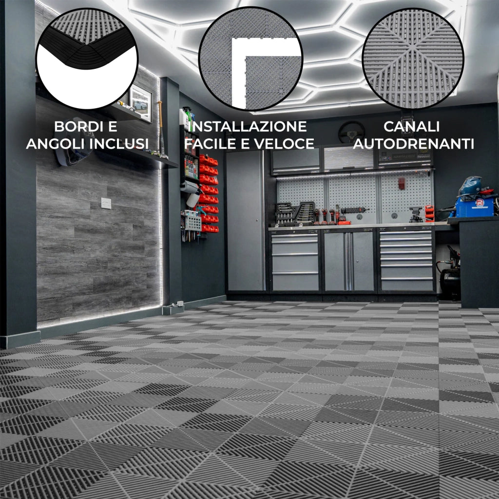 Piastrelle a incastro ventilate Grigie 3,2m x 6m per garage e officine, antiscivolo.