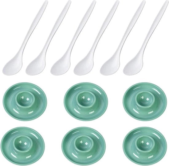 Set di 6 ciotole per uova, rotonde, diametro 10 cm + 6 cucchiai per uova 14,5 cm, alta qualità plastica, punto, verde menta/trasparente