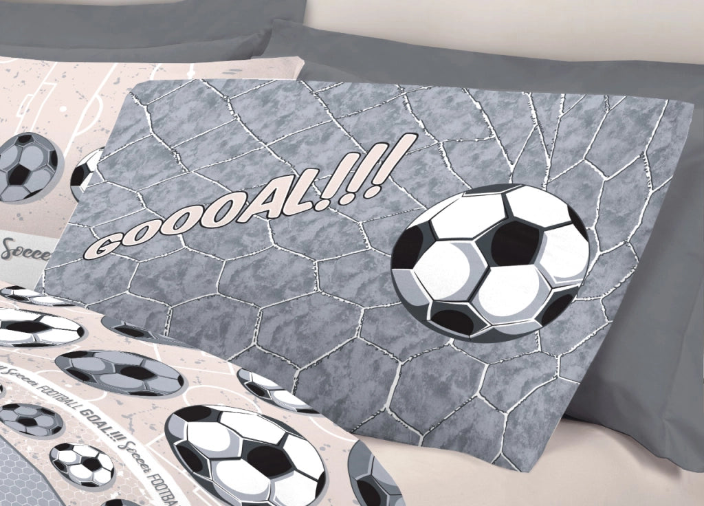 Completo Lenzuola Linea Pensieri Delicati 100% Cotone Disegno Calcio - Matrimoniale - Grigio