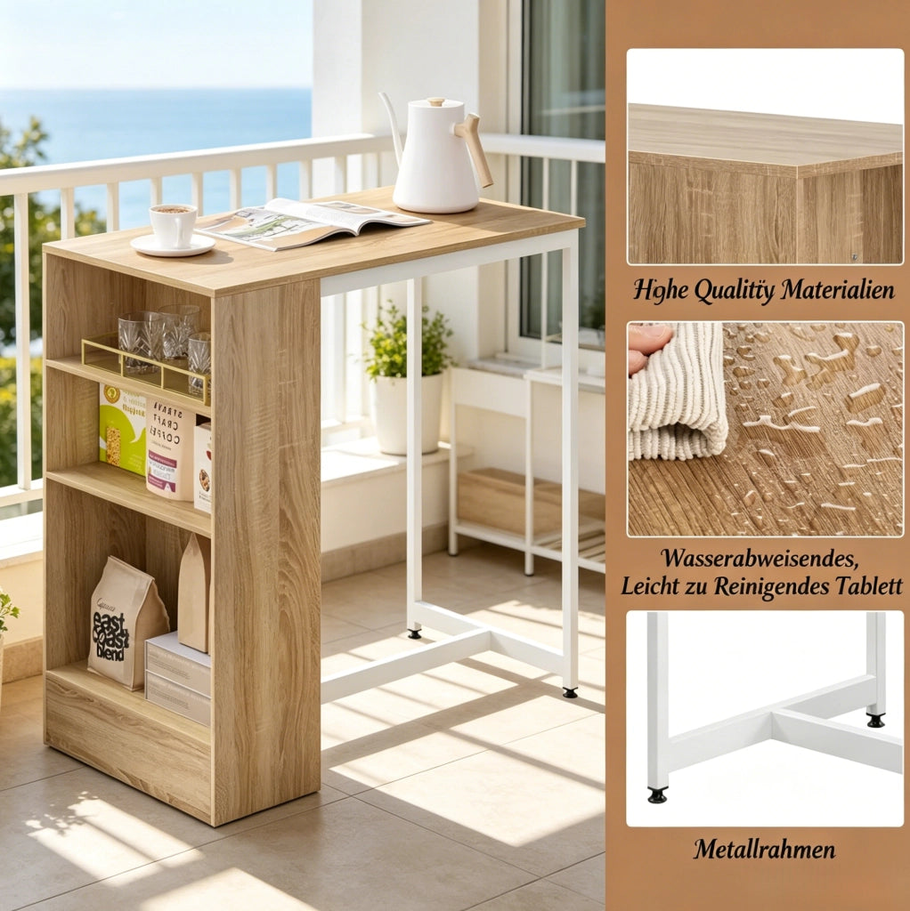 Tavolo bar con ripiani a 3 livelli, bianco e rovere chiaro, 91 x 49 x 91 cm