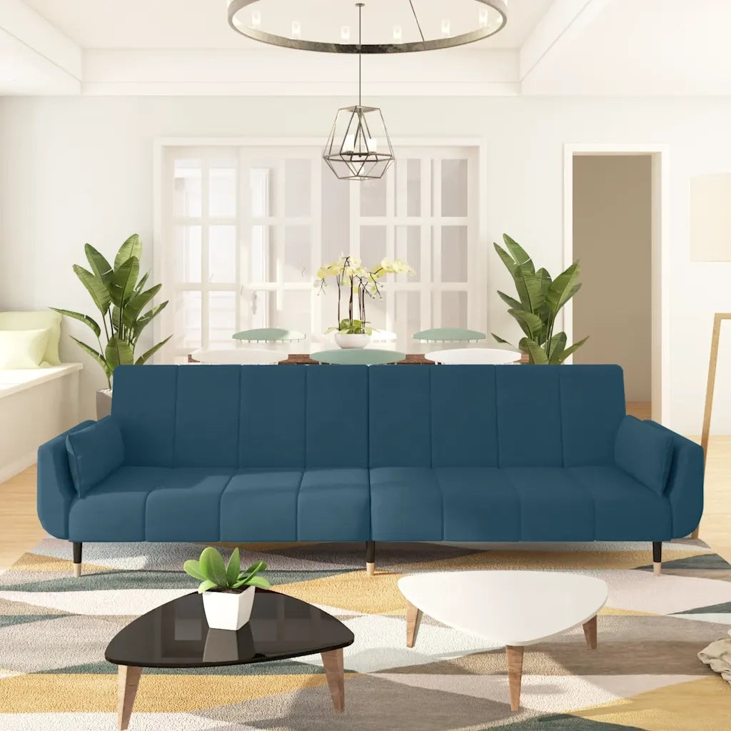 Divano Letto a 2 Posti con 2 Cuscini Blu in Velluto 337581