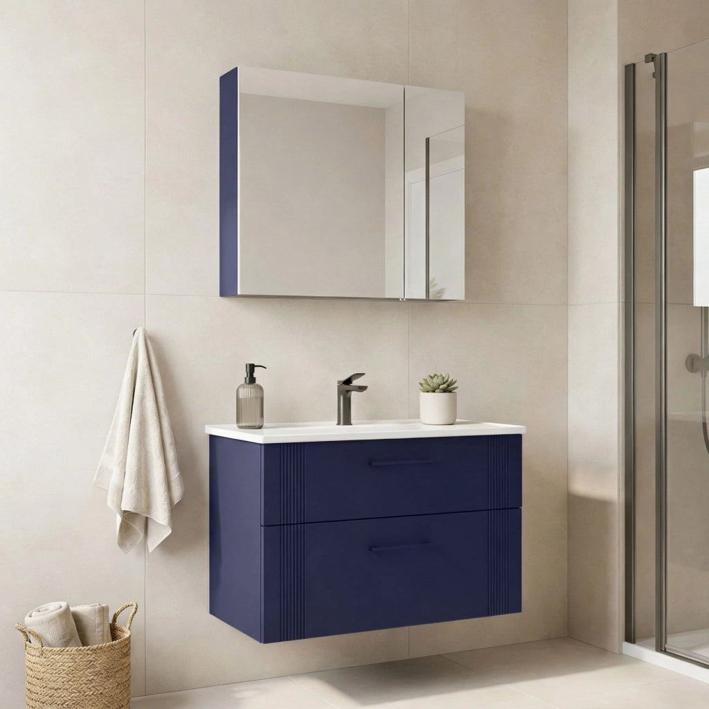Set mobile lavabo con specchio (2 pezzi) "Bari 85 v2" - 85 x 45 x 55 cm - Blu navy opaco