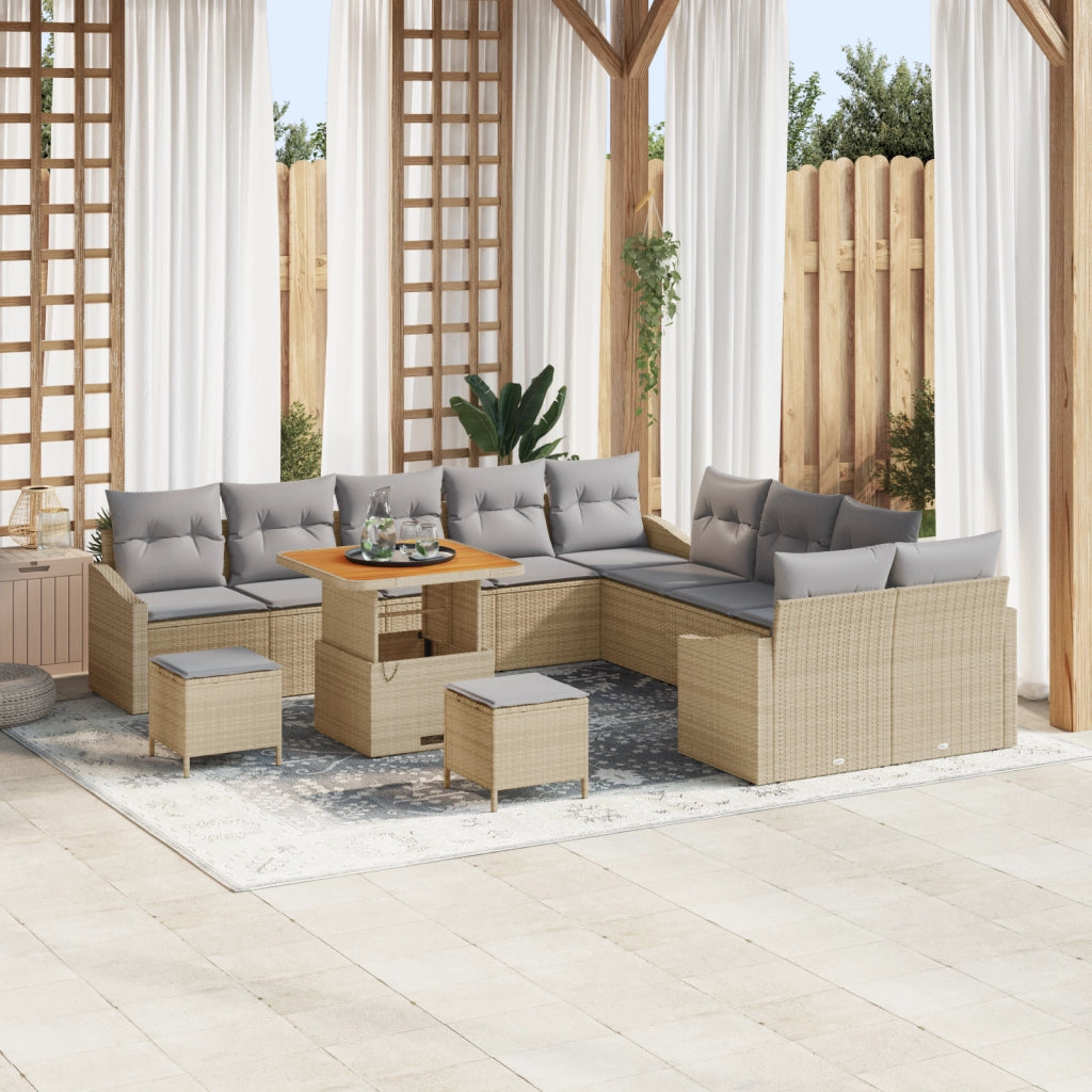 Set Divano da Giardino con Cuscini Beige Polyrattan Acacia 13 Pezzi