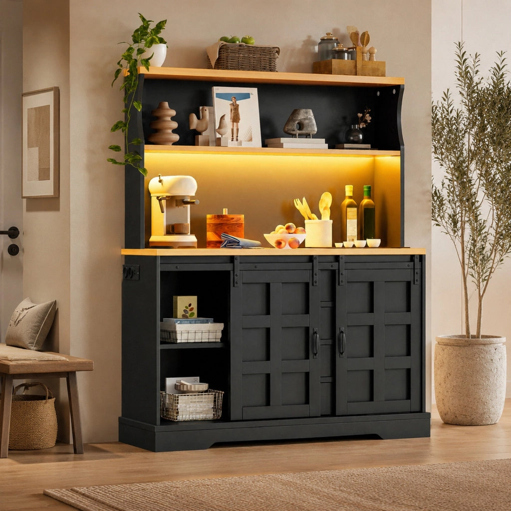 Credenza da cucina LED RGB con prese USB e 4 cassetti, nera