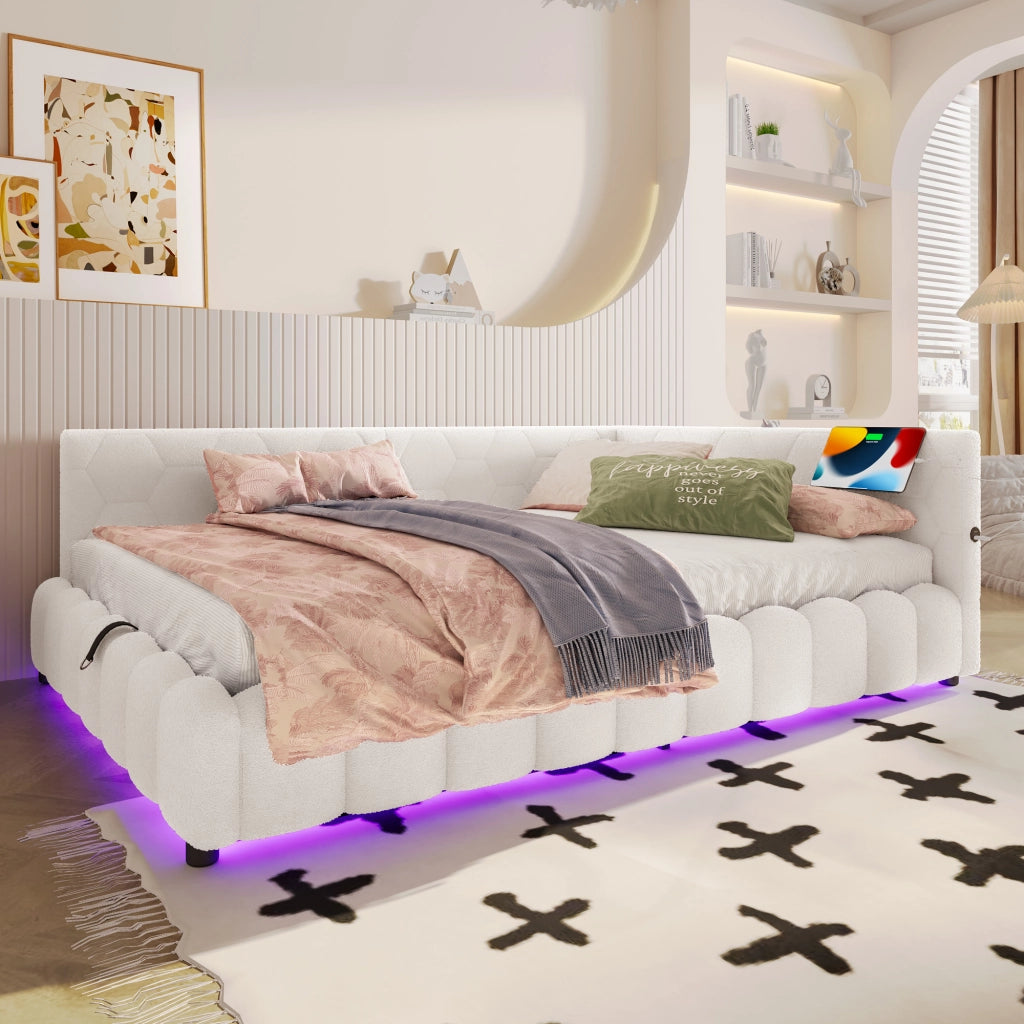 Letto a Divanetto 140x200 cm; Contenitore; USB; Type C e LED; in Vliesimitat; Bianco