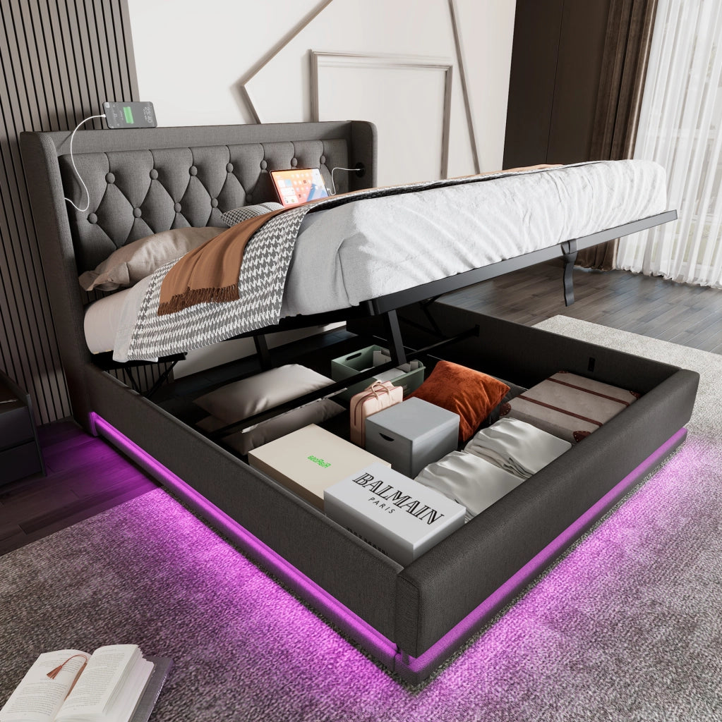Letto contenitore ULEVR 140x200 cm con LED, USB e Type-C, testiera imbottita in cotone grigio
