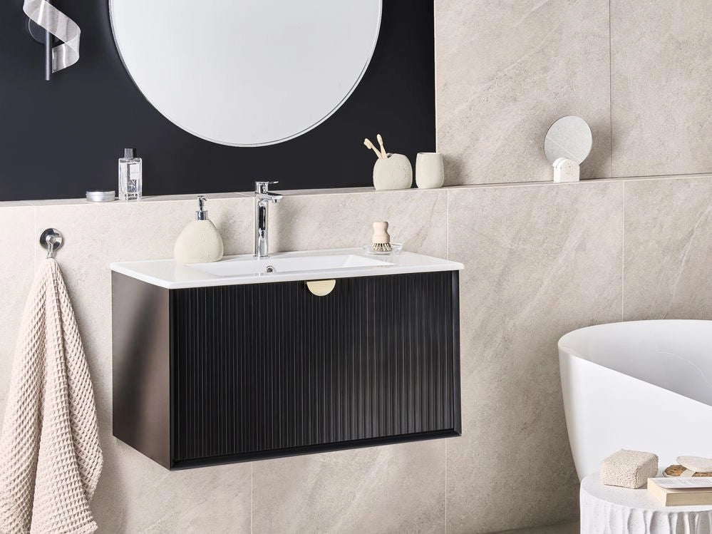 Mobiletto da parete con lavabo in legno massiccio per bagno 80 cm Nero stile moderno