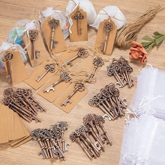 50 pezzi di apriporta vintage + sacchetto di organza + hangers in cartone per regalo di matrimonio, regalo di compleanno, regalo di festa
