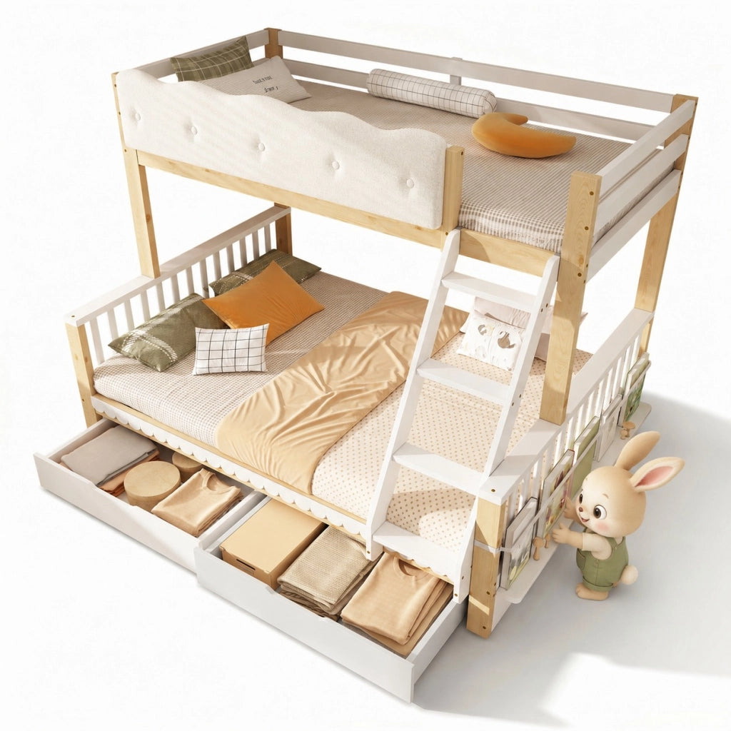Letto a castello in legno 90x200/140x200 cm con parapetto nuvola; 2 cassetti; portariviste e certificazione EN 747:2024; bianco/rovere