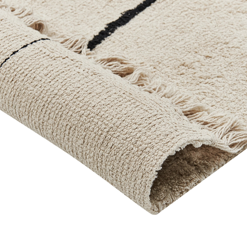 Tappeto in cotone beige e nero 160 x 230 cm rettangolare con frange motivo viso fantasia astratta stile boho moderno per soggiorno camera da letto