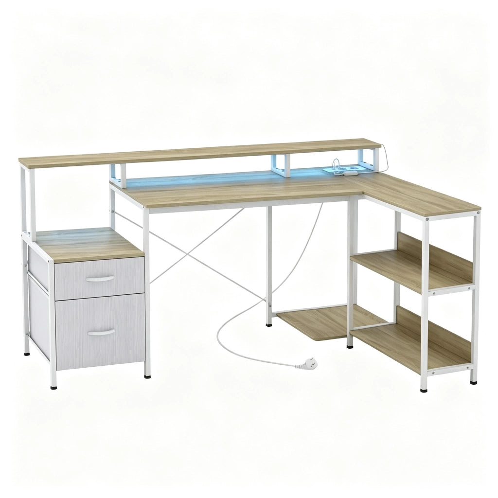 Scrivania angolare con LED RGB, prese integrate, supporto monitor e 2 cassetti in tessuto
