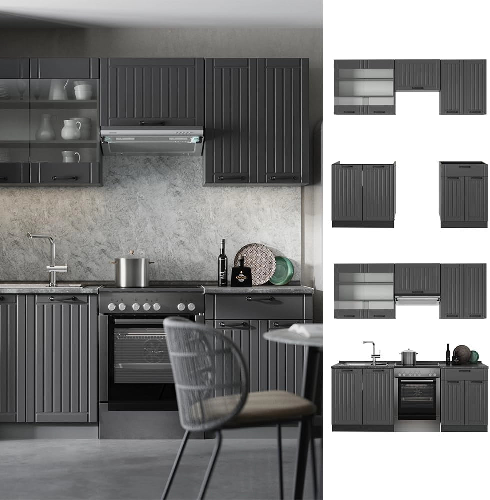 Cucina componibile Fame-Line, Grigio scuro, 200 cm senza piano di lavoro