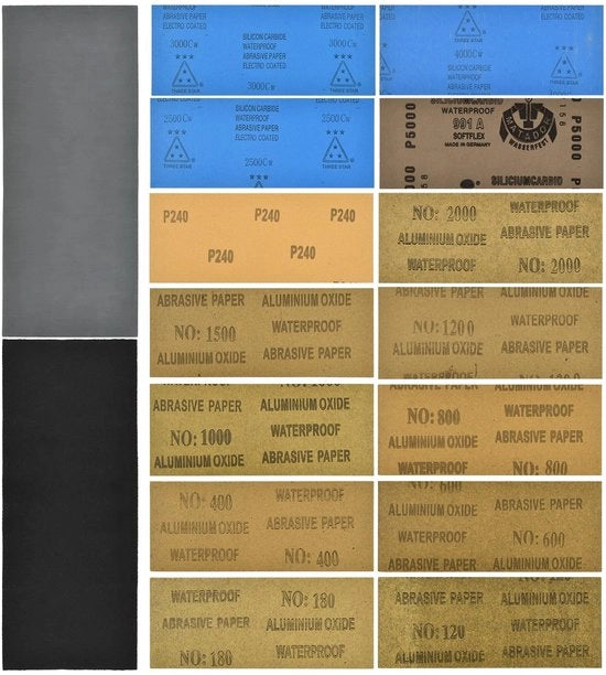 Set di carta abrasiva 60 pezzi - Corrugazione 120/150/180/240/400/600/800/1000/1200/1500/2000/2500/3000/4000/5000 - Impermeabile - Per parete/metallo/legno - Dimensioni 23 x 9,3 cm - Adatto per schiarire superfici umide/secche - Set di lastre abrasive