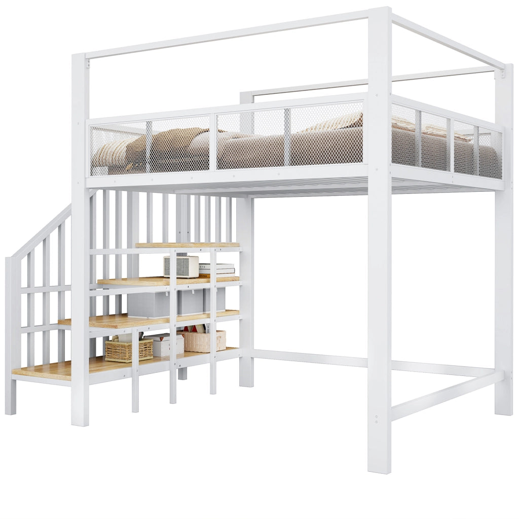Letto a soppalco 140x200 cm con baldacchino; scala portaoggetti in metallo bianco