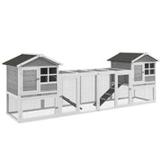 Gabbia per Conigli Conigliera 259x64x92 cm 2 Casette con Rampe Recintata in Legno Grigia