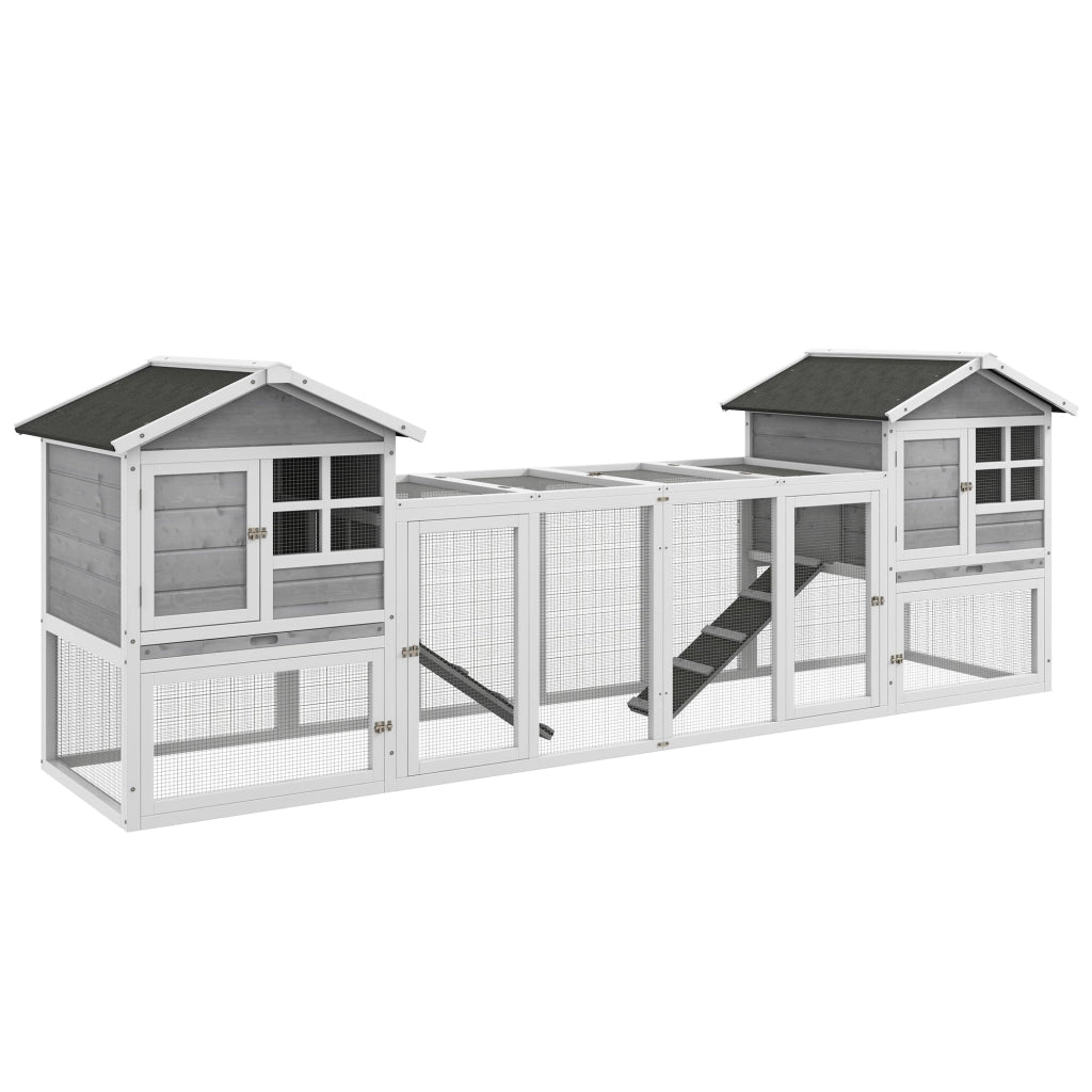 Gabbia per Conigli Conigliera 259x64x92 cm 2 Casette con Rampe Recintata in Legno Grigia