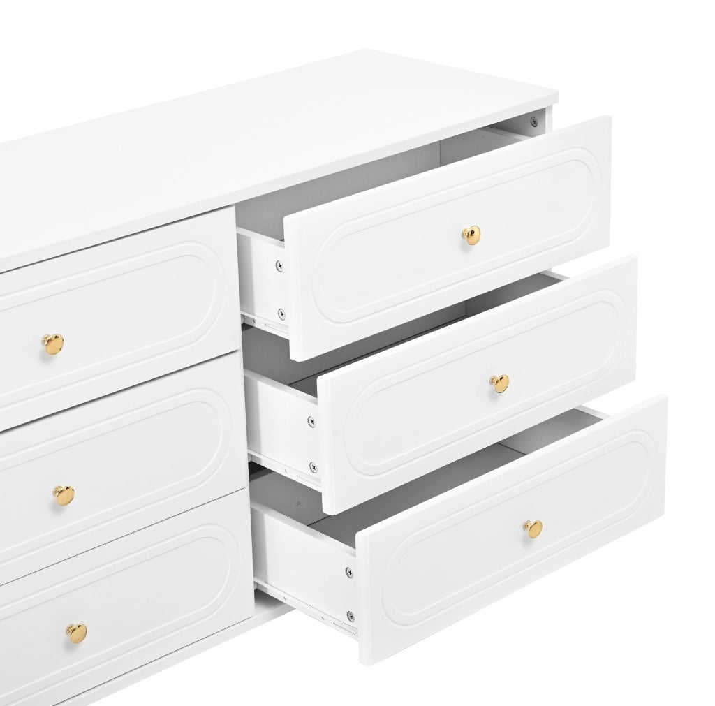 Credenza ULEVR 120x40x75 cm con 6 cassetti e piedini in metallo, bianca