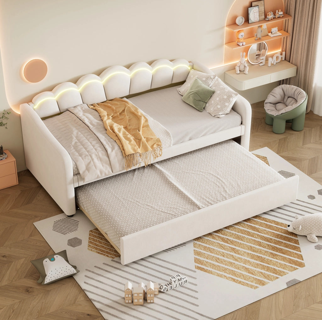 Divano letto 90x200 cm con letto estraibile e luci LED; velluto; beige (Senza materasso)