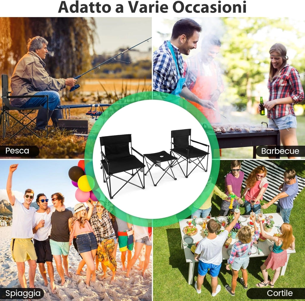 Set di 3 Sedie da Campeggio Pieghevoli, Sedia da Giardino Portatile e Tavolino con 2 Portabicchieri, Tasche Portaoggetti, per Pesca, Escursioni, Picnic