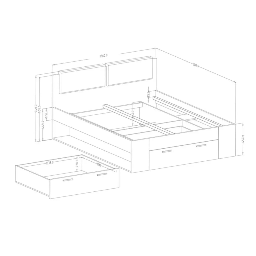 Camera da letto FLOYD: Armadio 200cm, Letto 180x200, cassettiera, comodini. Colore quercia scura e nero lucido.