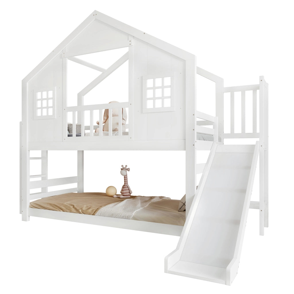 Letto a castello con scivolo per bambini - Zephmum- Design finestra e tetto, robusto, 90x200cm, bianco