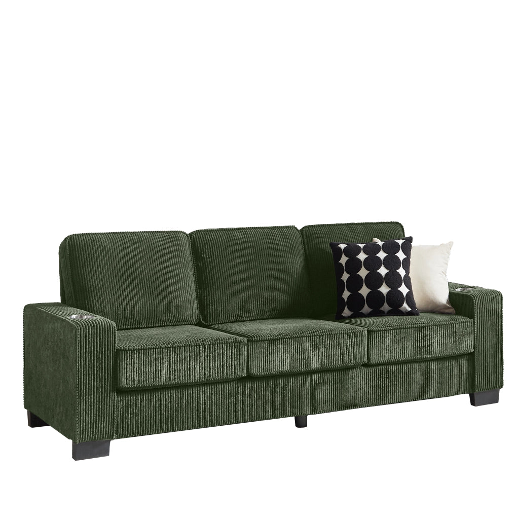 Divano a 3 posti in corduroy verde imbottito con braccioli portabicchieri per soggiorno 86 × 206 × 72 cm