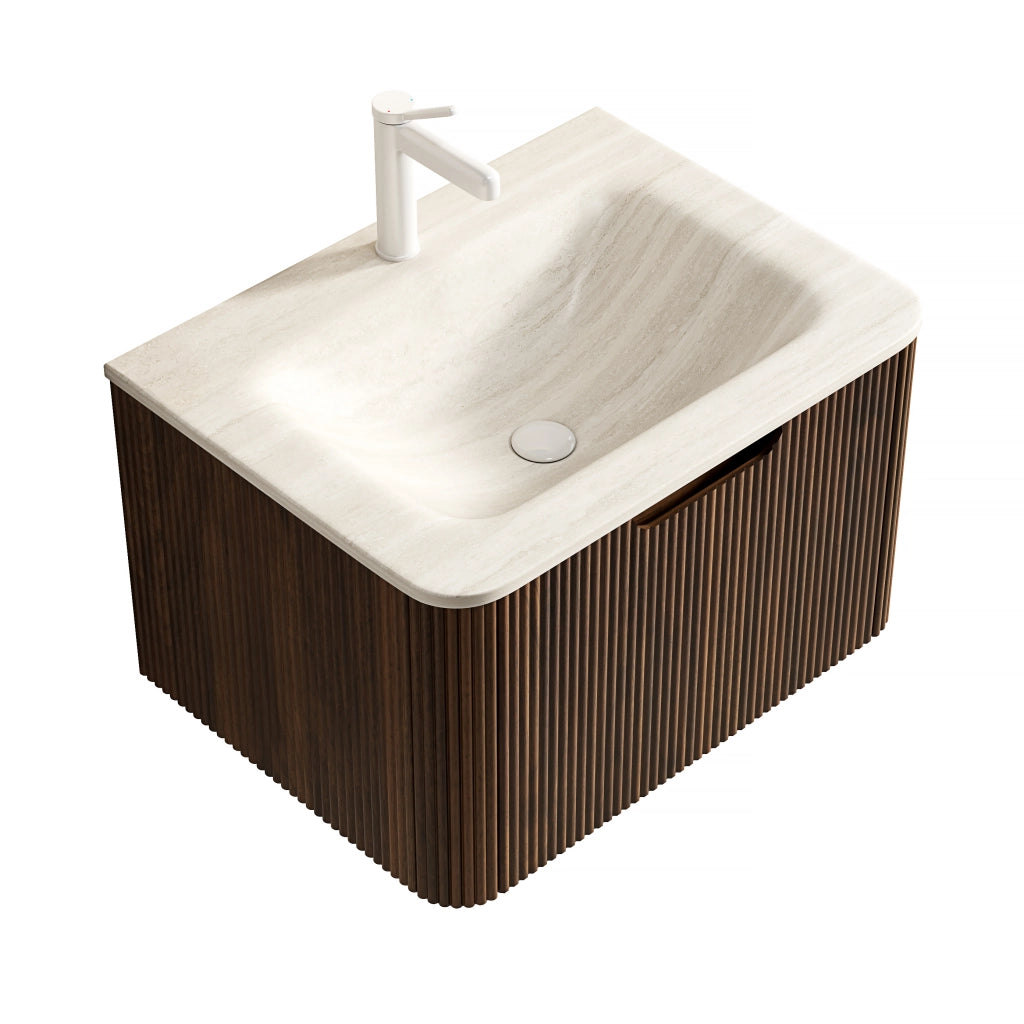 MOBILE BAGNO con lavabo integrato in pietra sinterizzata Beige e Noce