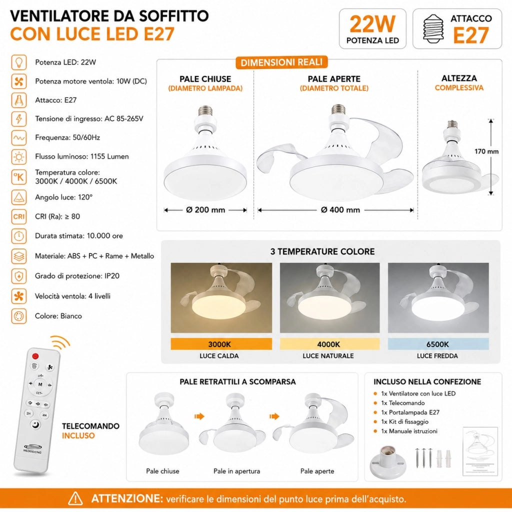 Ventilatore da Soffitto con Luce LED E27 Pale Retrattili Telecomando 4 Velocità e 3 Temperature Colore Dimmerabile