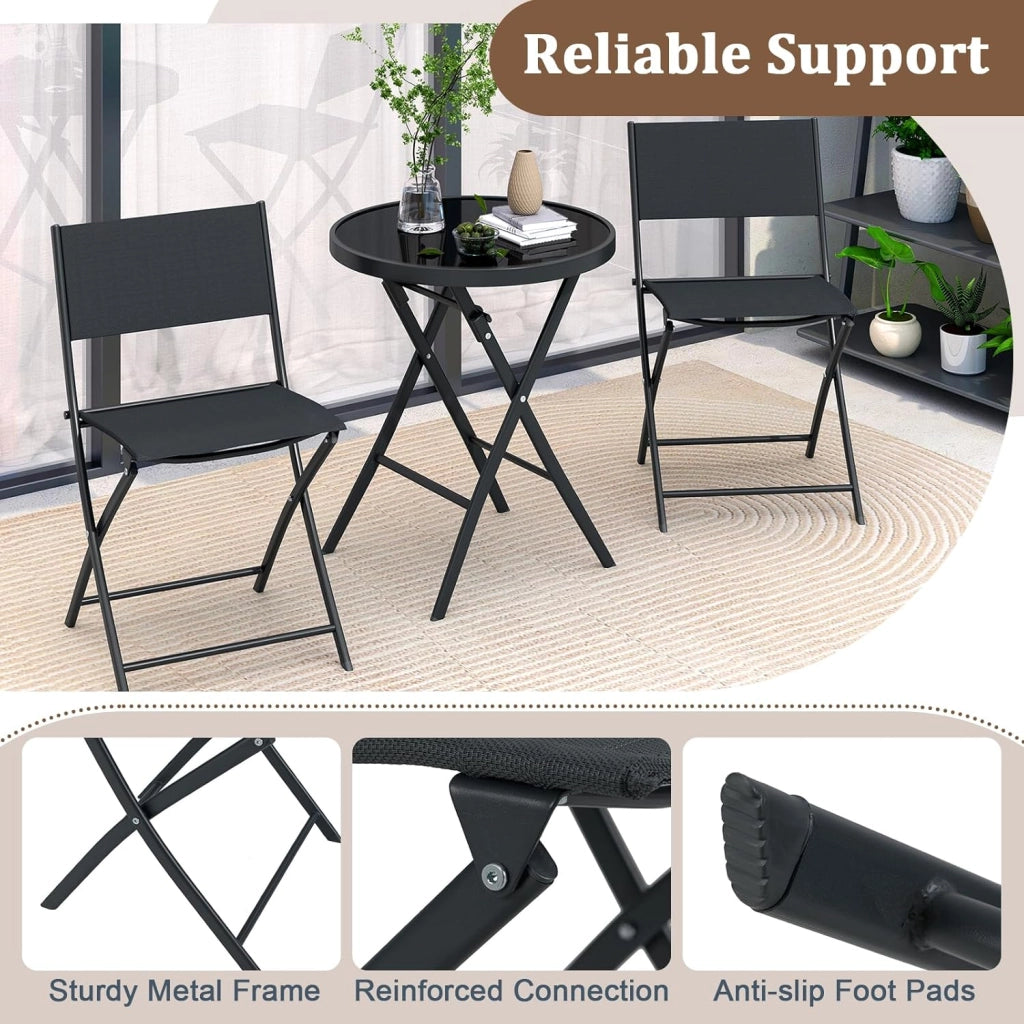 Set da bistrot da 3 pezzi, pieghevole, set da giardino in tessuto tessile con telaio in metallo, set da tavolo in vetro temperato e 2 sedie, set da pranzo per balcone, terreza