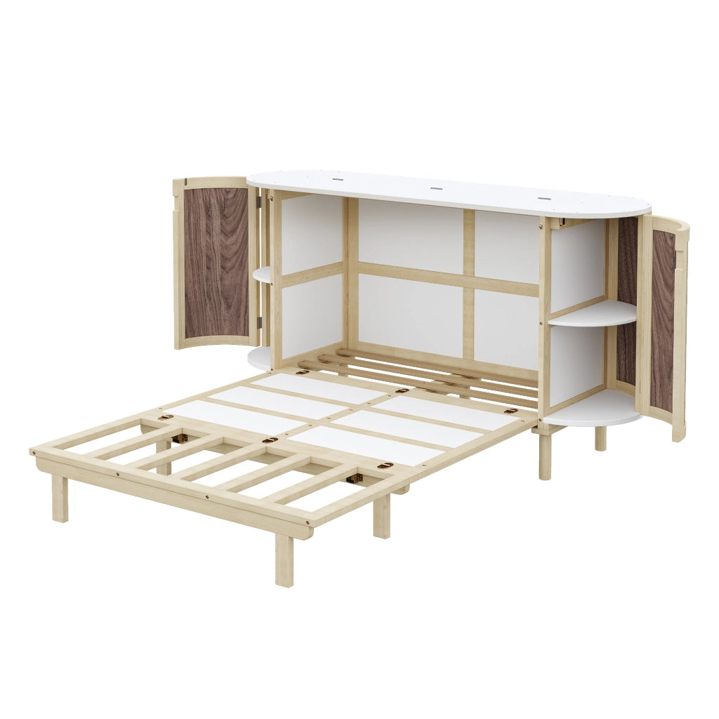 OKWISH Letto a scomparsa 140×200 cm, Letto Matrimoniale con Contenimento, Mensole e Design in Rattan, senza Materasso, in Legno, Naturale