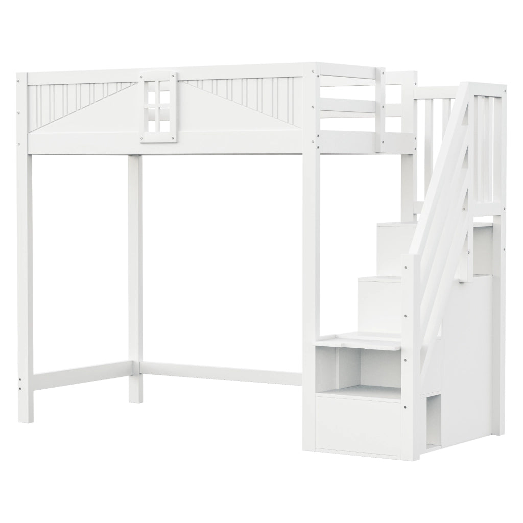 Letto a Soppalco Singolo con Finestra; Ripiani e Scala Reversibile 90 × 200 cm; senza Materasso; Bianco
