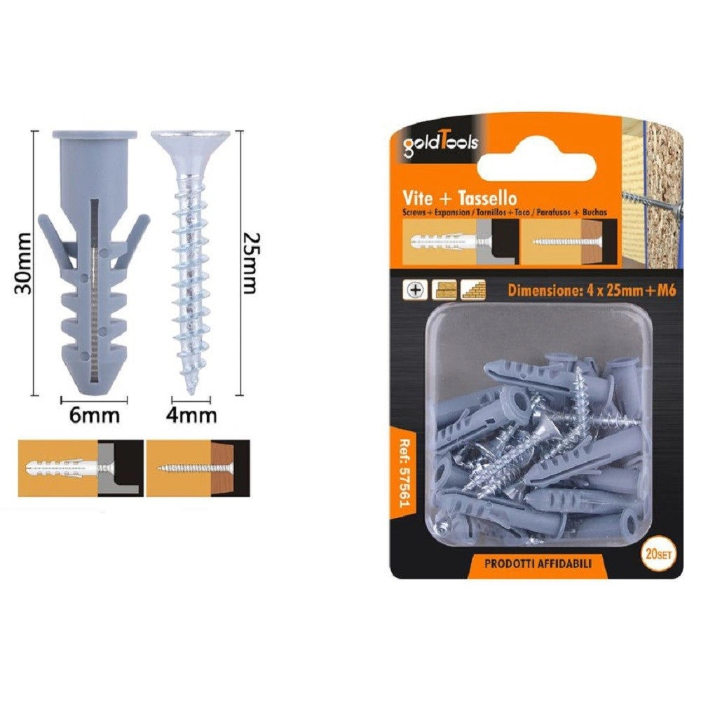 Trade Shop - Set 20 Pz Viti Vite Croce 4x25mm + Tasselli Con Alette Tassello M6 Fischer 57561 -