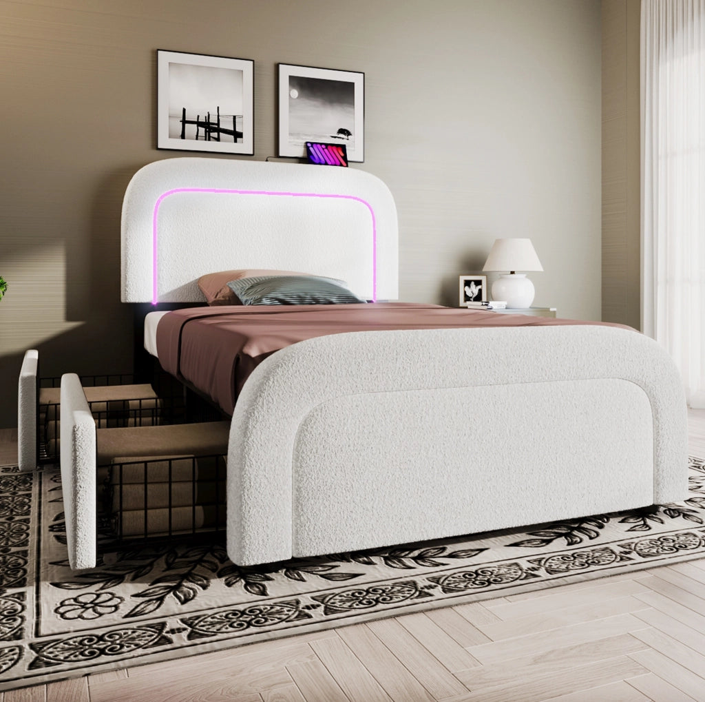 Letto singolo imbottito 90x200 cm con materasso, LED e USB-C