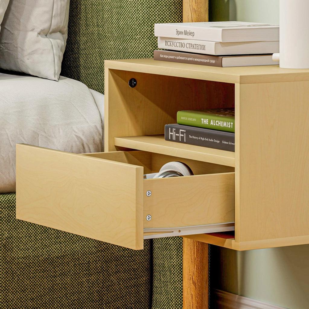 Comodino sospeso con cassetto e ripiano aperto per camera da letto e soggiorno in legno naturale 45 × 35 × 27,5 cm