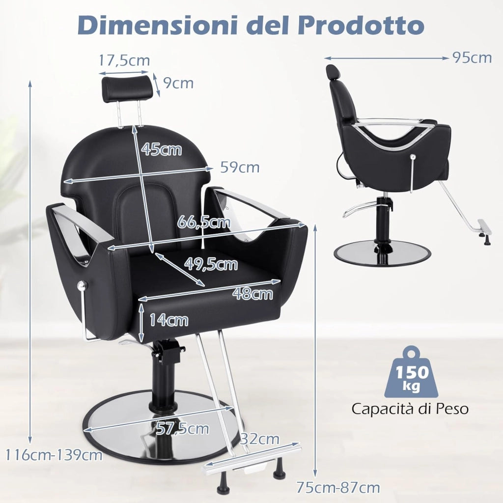 Poltrona da Barbiere Girevole, Sedia da Salone Reclinabile con Altezza Regolabile, Girevole a 360° con Pompa Idraulica, Poggiatesta, Portata 150 kg (Nero)