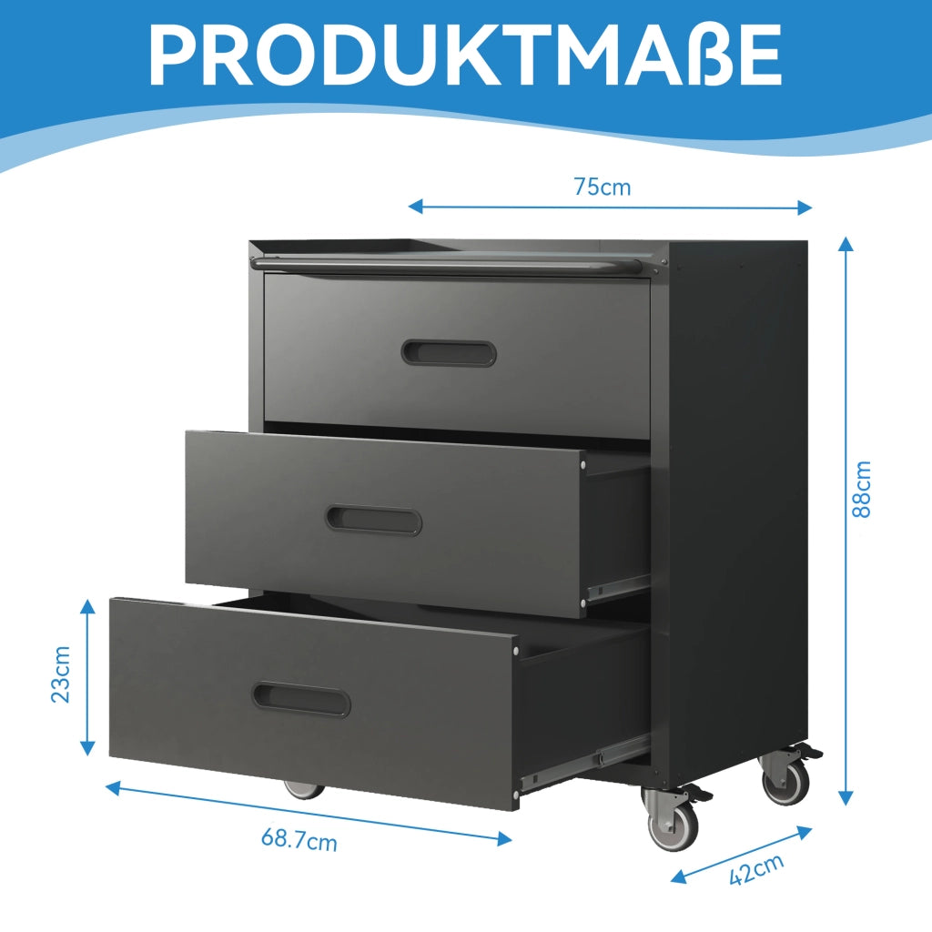 Carrello armadio portautensili in metallo con 3 cassetti, 75 × 42 × 88 cm, nero/grigio